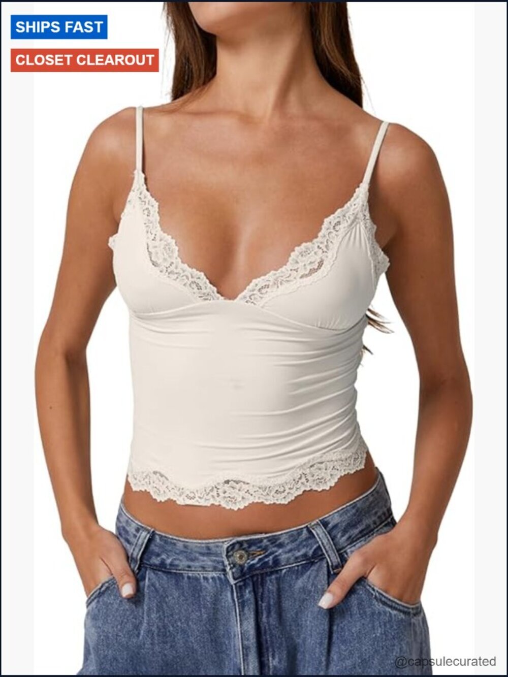 Double Layer Crop Cami V-Neck Lace Trim Tank Top with Adjustable Straps